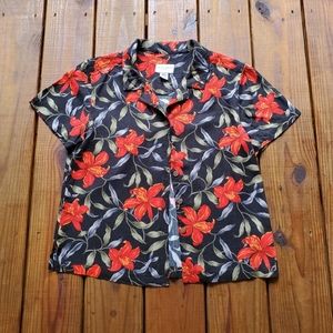 Vintage 90's M black tropical lily short sleeve button top